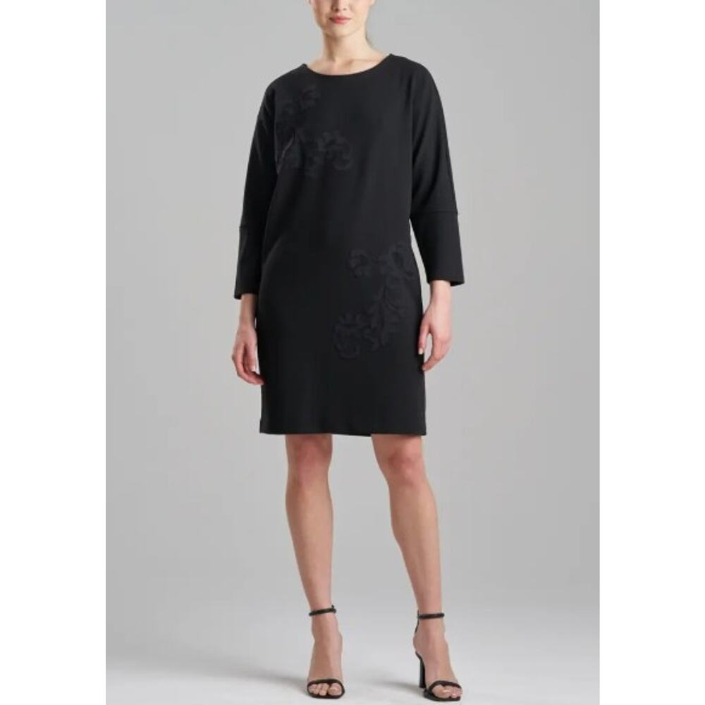 Natori Women's Scuba Crepe Wedge Dress with Embroidered Black Size M